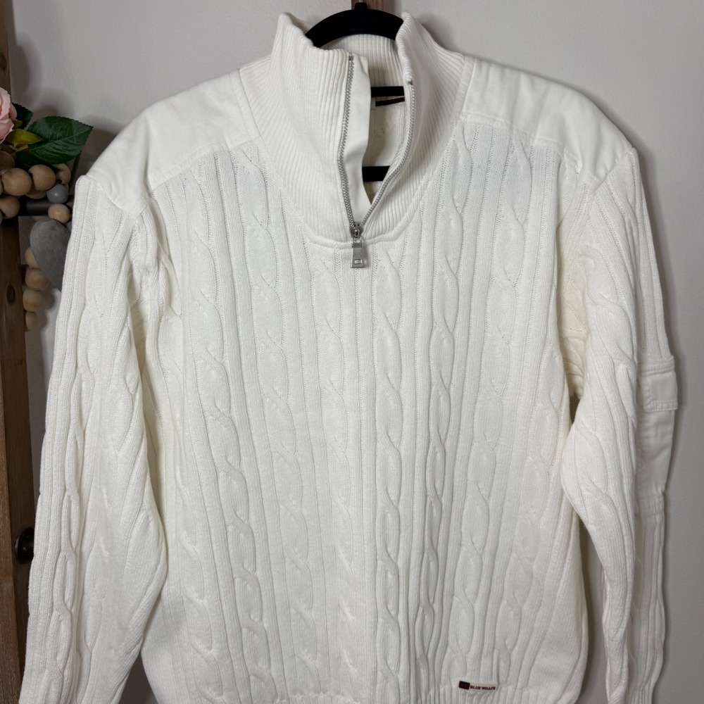 Blue Willi's Mens Cream Cable Knit Quarter Zip Sweater Size Large - Picture 3 of 11